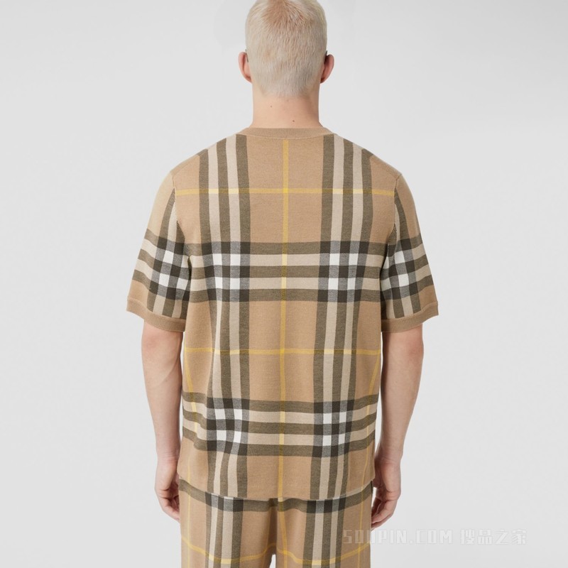 格纹提花丝毛混纺短袖上衣 (松露色) - 男士