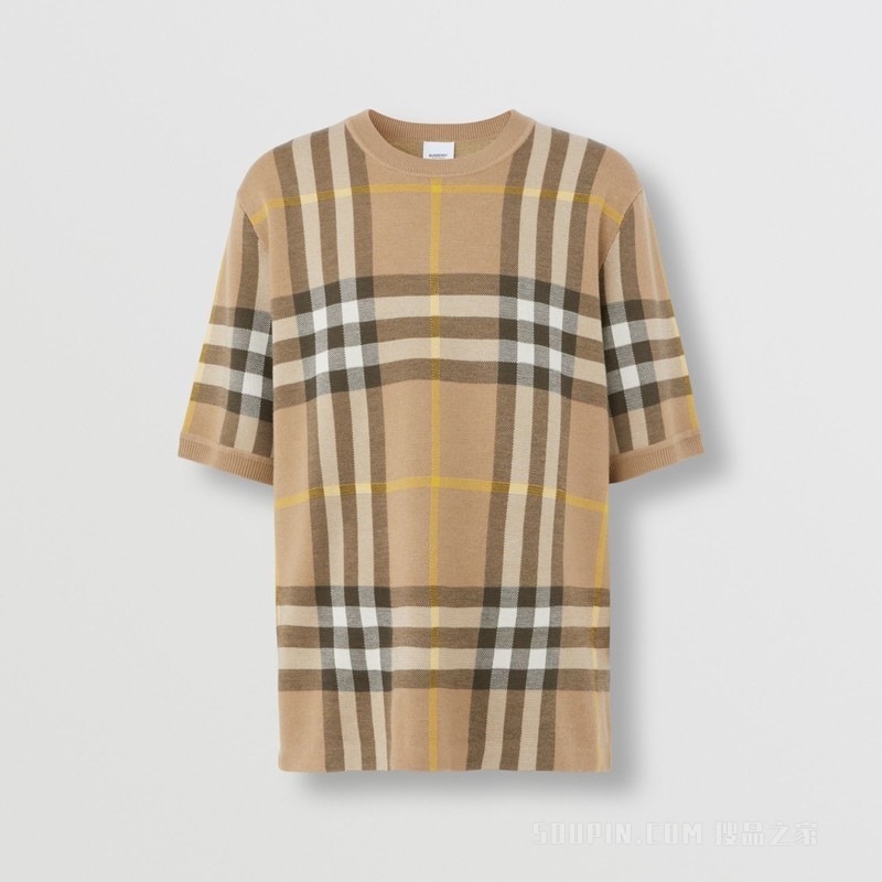 格纹提花丝毛混纺短袖上衣 (松露色) - 男士