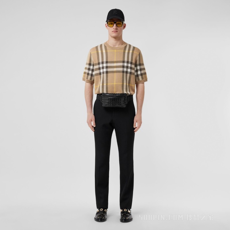 格纹提花丝毛混纺短袖上衣 (松露色) - 男士