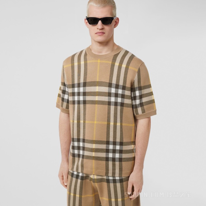 格纹提花丝毛混纺短袖上衣 (松露色) - 男士