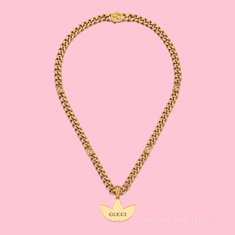 adidas x Gucci联名系列饰Trefoil吊坠马衔索链项链 黄金色调金属