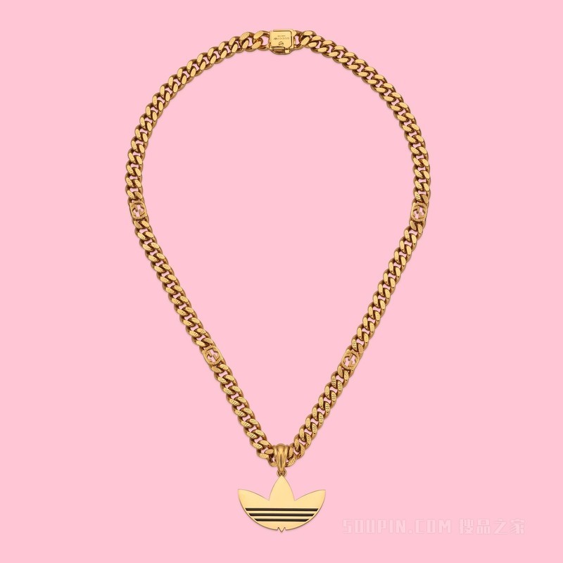 adidas x Gucci联名系列饰Trefoil吊坠马衔索链项链 黄金色调金属