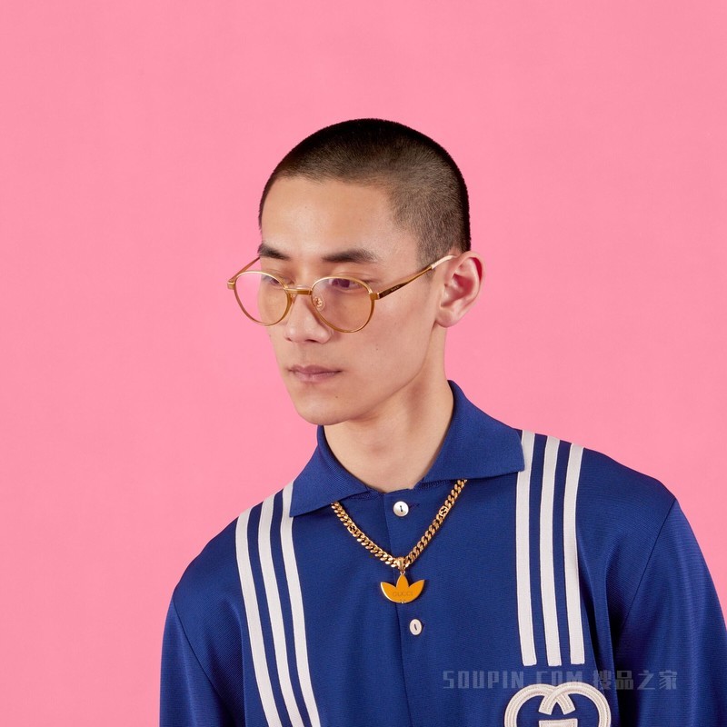 adidas x Gucci联名系列饰Trefoil吊坠马衔索链项链 黄金色调金属