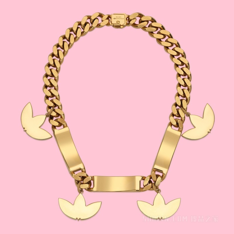 adidas x Gucci联名系列Gucci Trefoil珐琅马衔索链项链 黄金色调金属