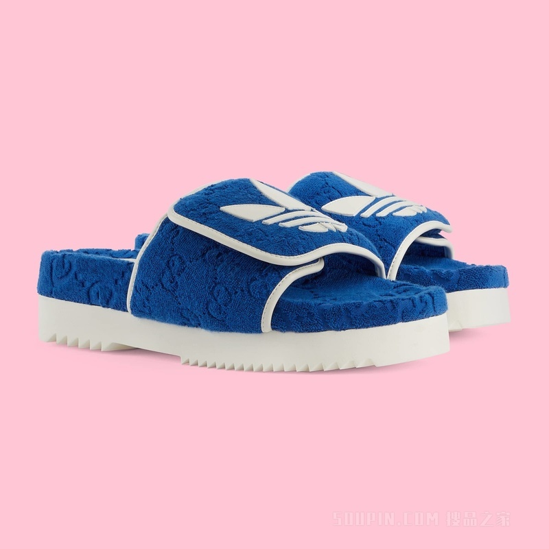 adidas x Gucci联名系列男士GG防水台拖鞋 蓝色棉质海绵