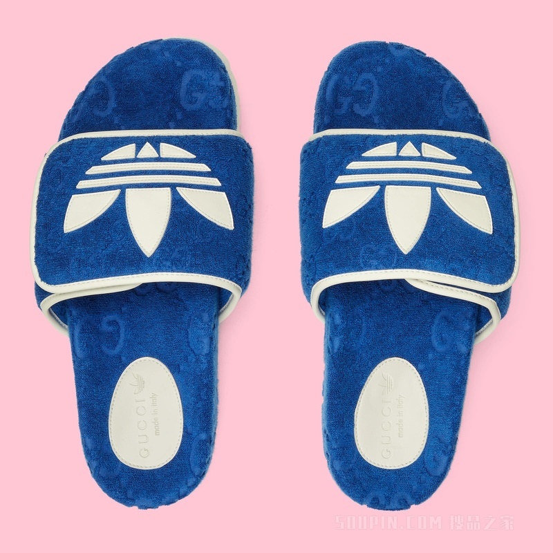 adidas x Gucci联名系列男士GG防水台拖鞋 蓝色棉质海绵