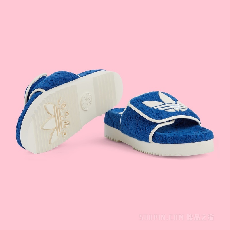 adidas x Gucci联名系列男士GG防水台拖鞋 蓝色棉质海绵