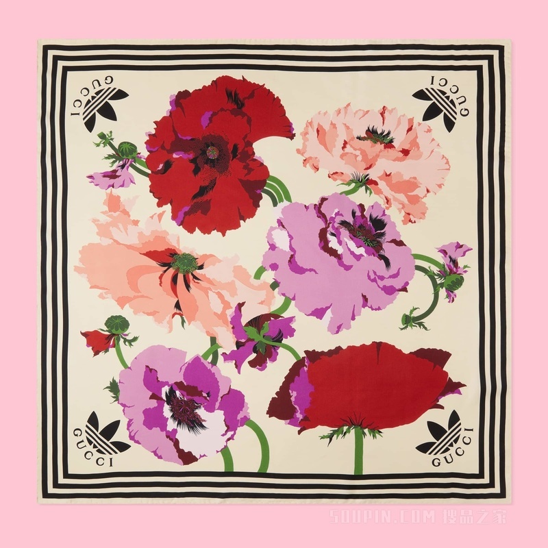 adidas x Gucci联名系列加大花朵印花真丝围巾 象牙白和粉色