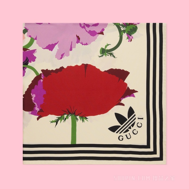 adidas x Gucci联名系列加大花朵印花真丝围巾 象牙白和粉色
