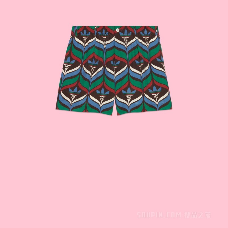 adidas x Gucci联名系列Trefoil印花短裤 棕色和绿色