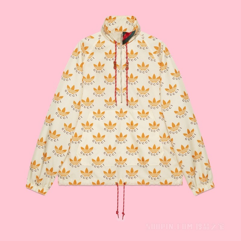 adidas x Gucci联名系列Trefoil印花夹克 象牙白色和棕色