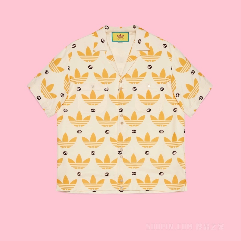 adidas x Gucci联名系列Trefoil印花保龄球衫 象牙白色和黑色