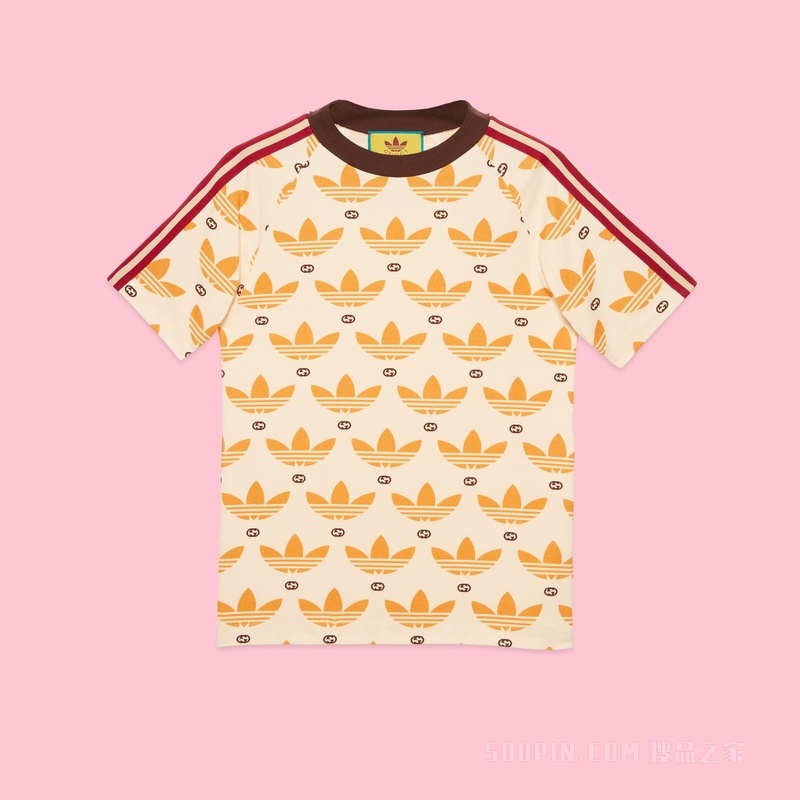 adidas x Gucci联名系列Trefoil印花T恤 象牙白和黄色