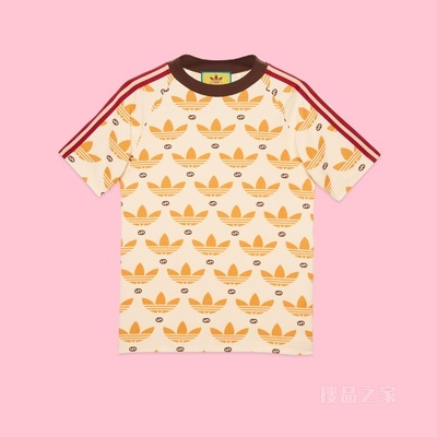adidas x Gucci联名系列Trefoil印花T恤 象牙白和黄色