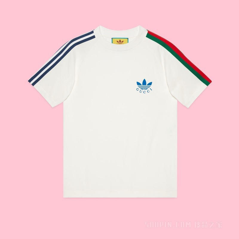 adidas x Gucci联名系列Trefoil印花T恤 米白色