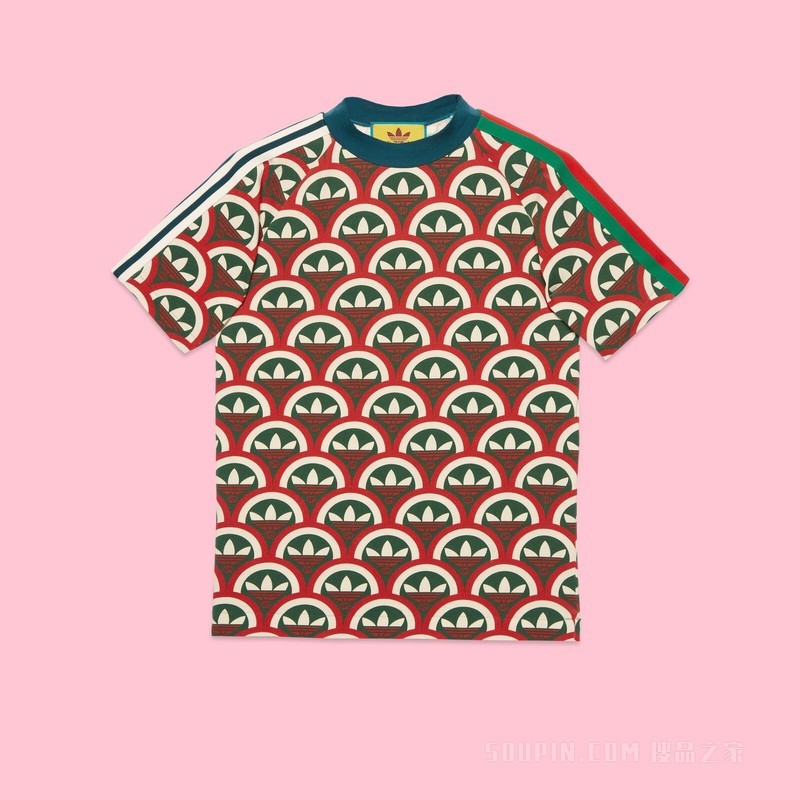 adidas x Gucci联名系列Trefoil印花T恤 红色和绿色