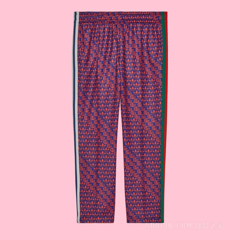 adidas x Gucci联名系列双G和Trefoil印花运动长裤 蓝色和红色