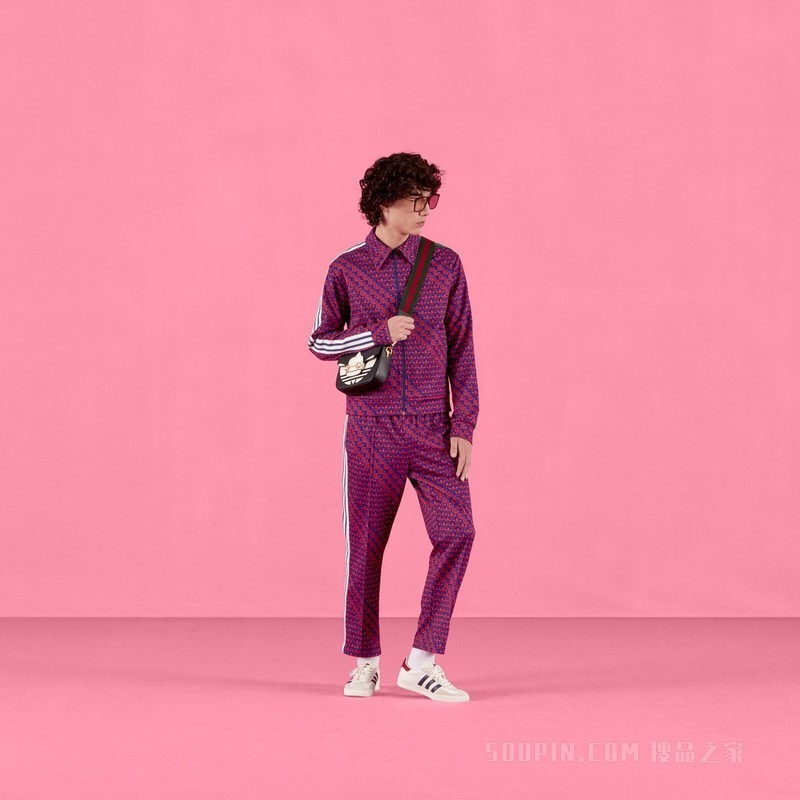 adidas x Gucci联名系列双G和Trefoil印花运动长裤 蓝色和红色