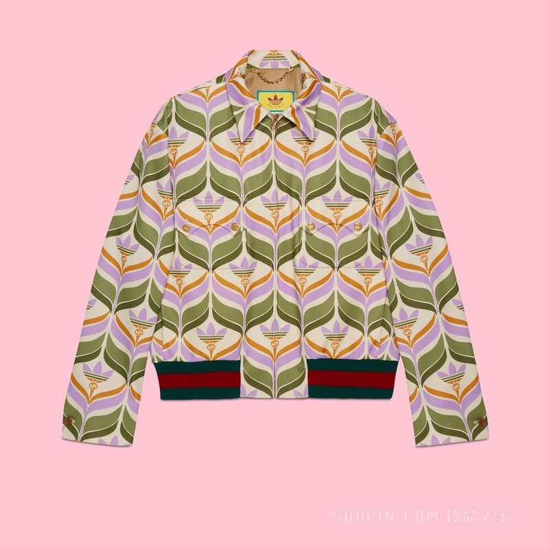 adidas x Gucci联名系列Trefoil印花夹克 绿色和象牙白色