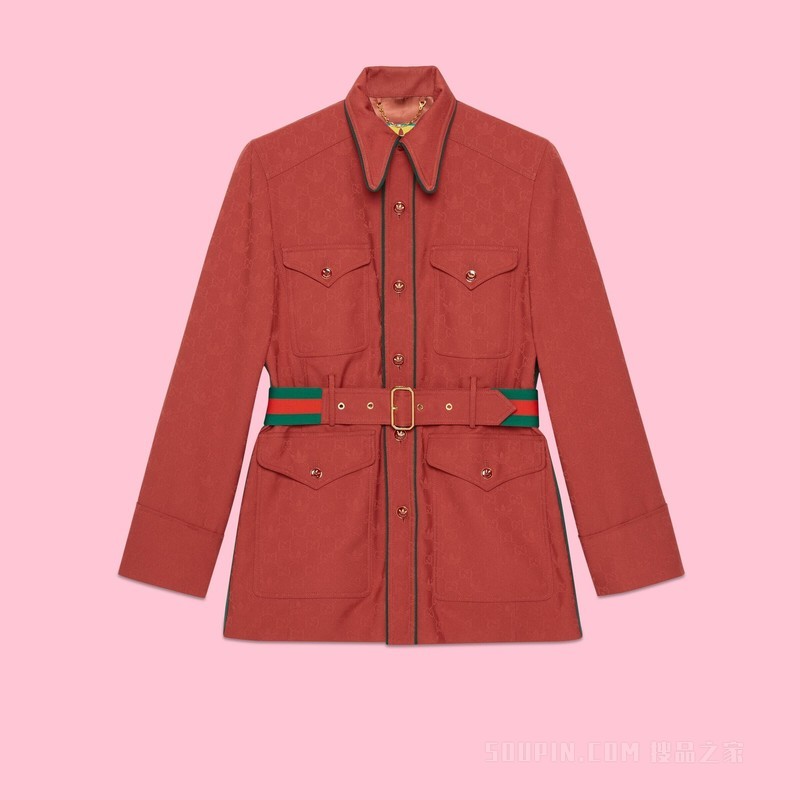 adidas x Gucci联名系列GG Trefoil提花夹克 砖红色