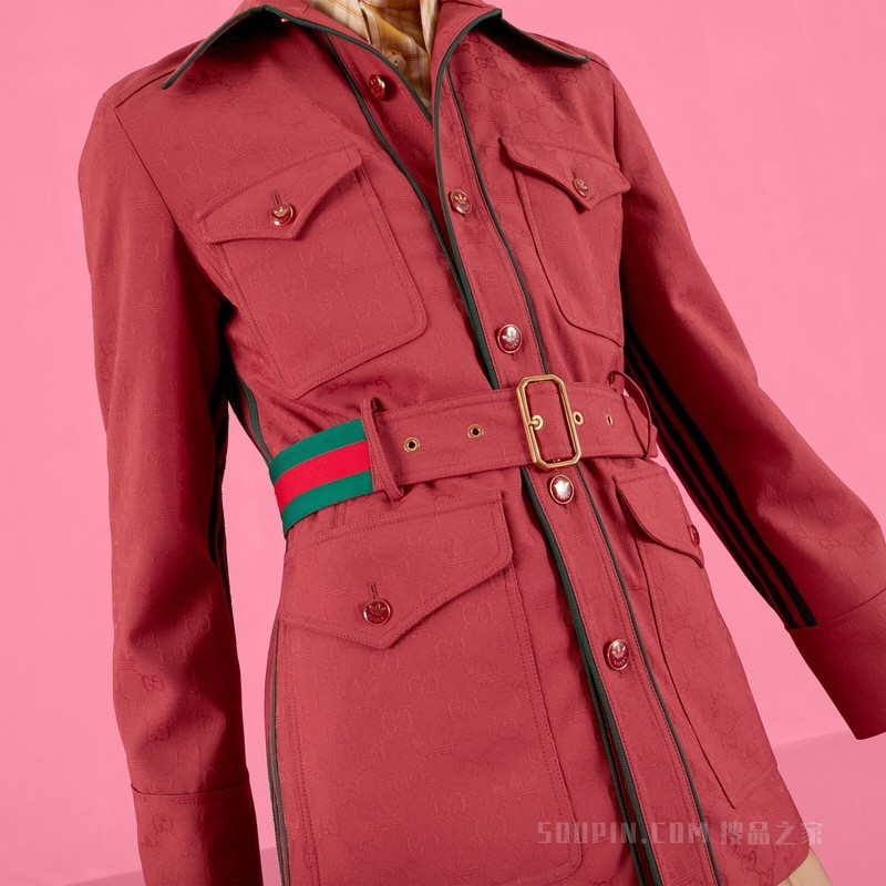 adidas x Gucci联名系列GG Trefoil提花夹克 砖红色