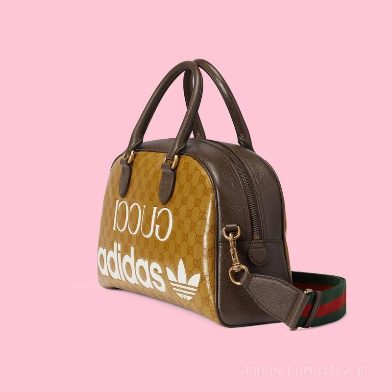 adidas x Gucci联名系列中号旅行包 米色和棕色水晶帆布