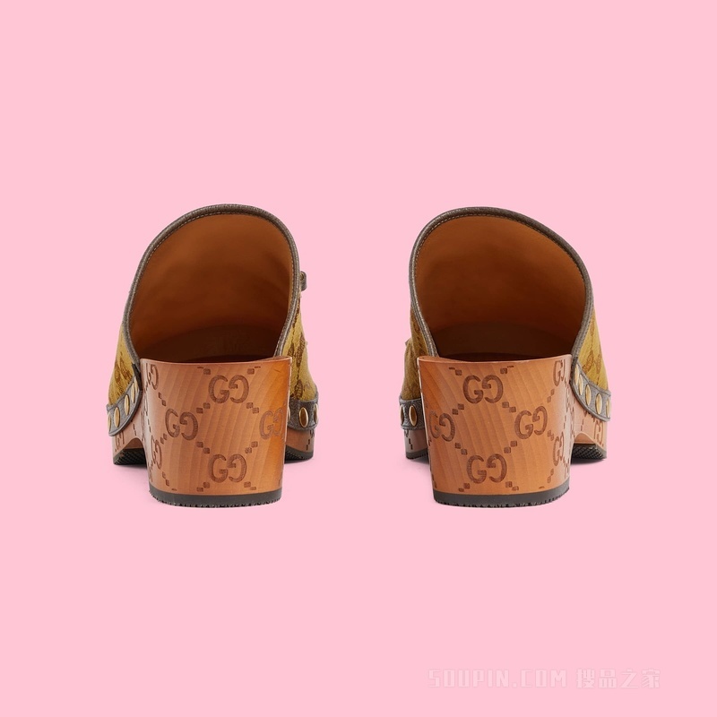 adidas x Gucci联名系列女士马衔扣木底凉鞋 棕色和米色经典GG帆布