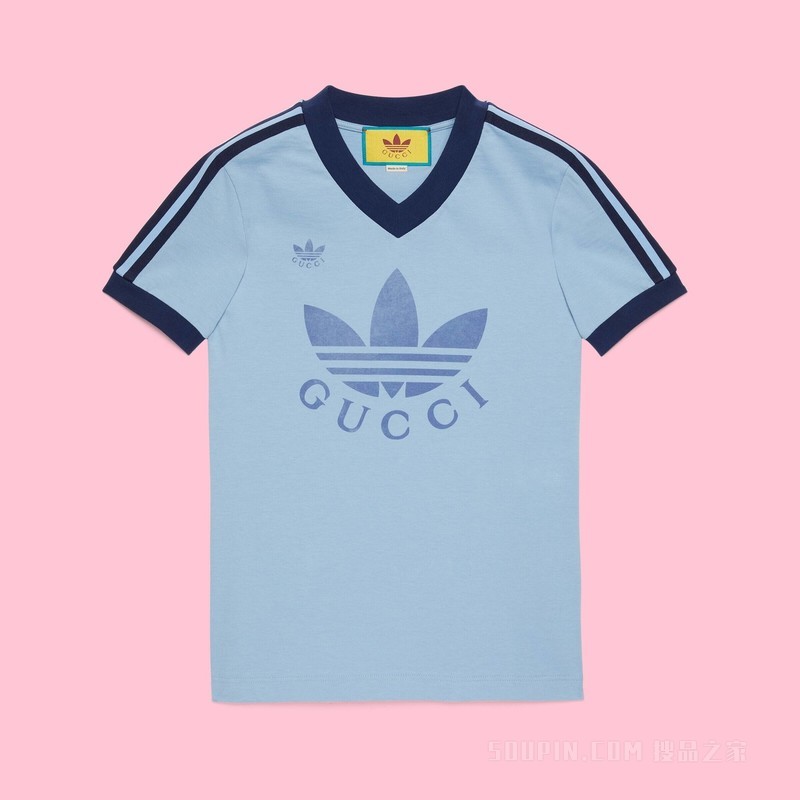 adidas x Gucci联名系列V领T恤 浅蓝色