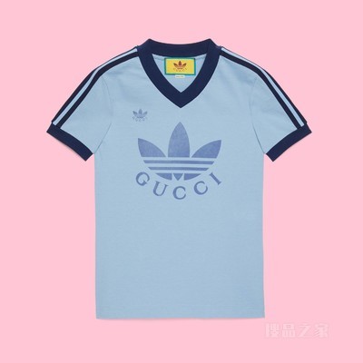 adidas x Gucci联名系列V领T恤 浅蓝色