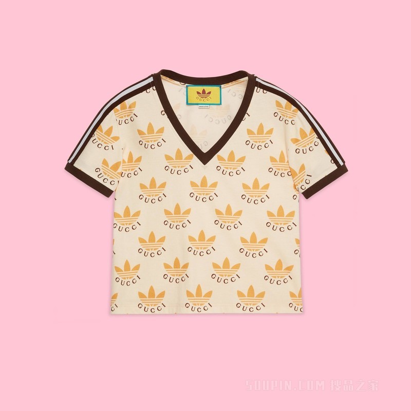 adidas x Gucci联名系列Trefoil印花T恤 象牙白
