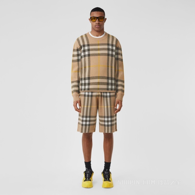 格纹羊绒提花针织衫 (松露色) - 男士