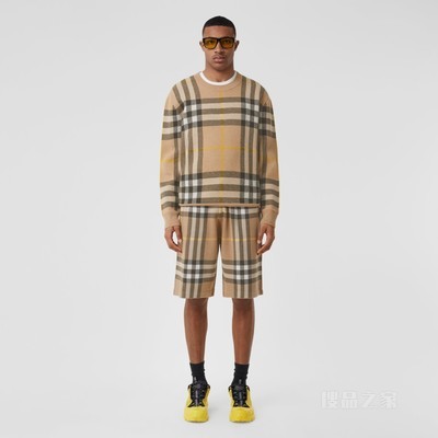 格纹羊绒提花针织衫 (松露色) - 男士