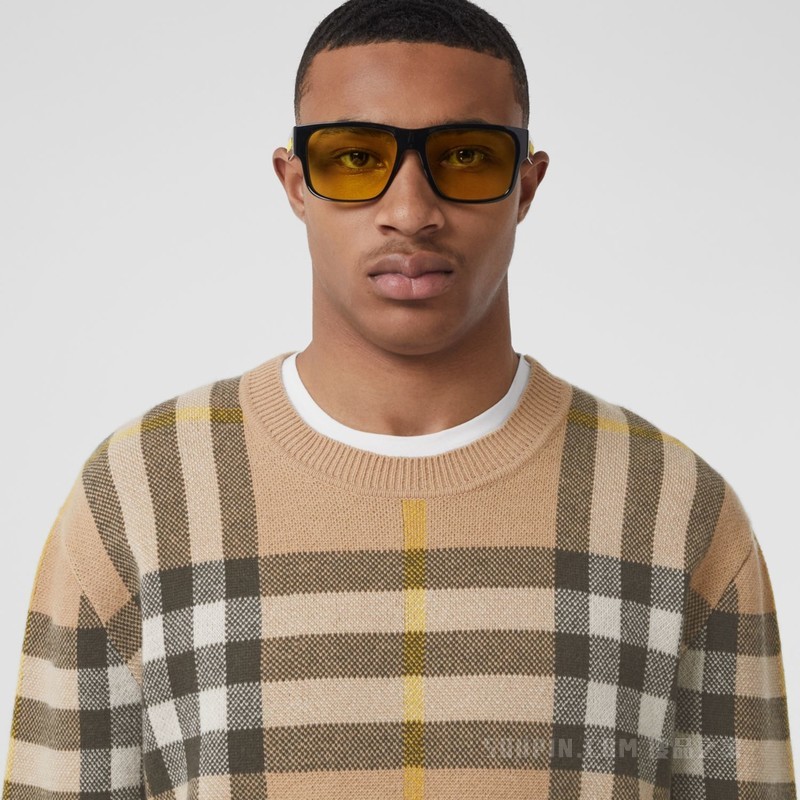 格纹羊绒提花针织衫 (松露色) - 男士