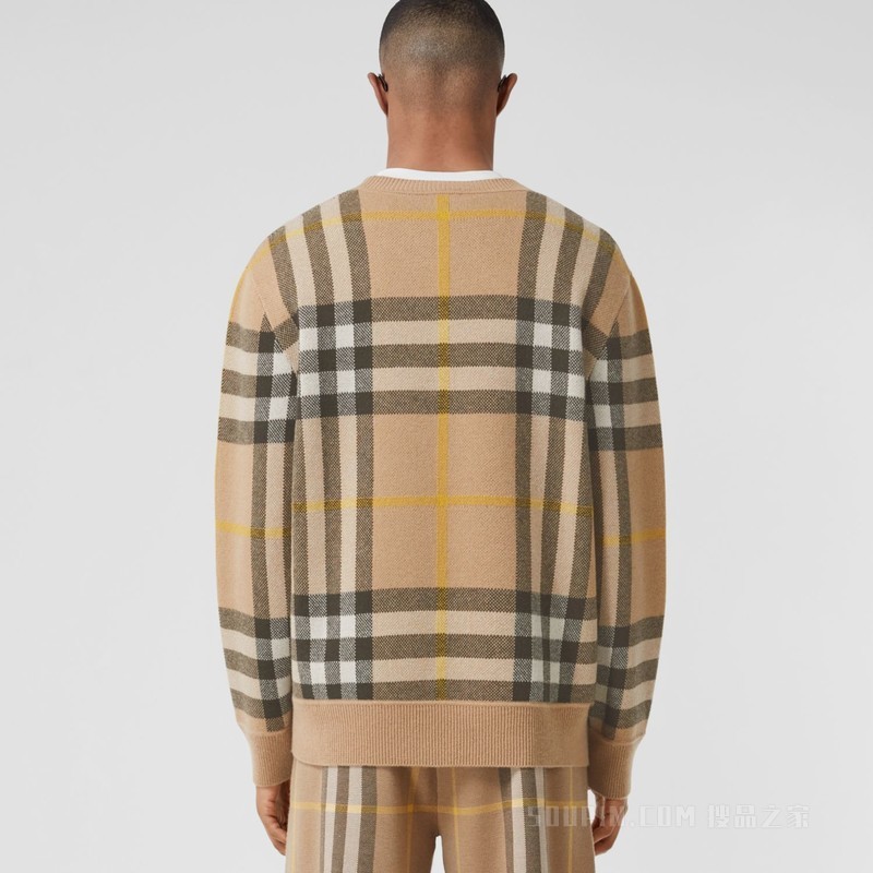 格纹羊绒提花针织衫 (松露色) - 男士