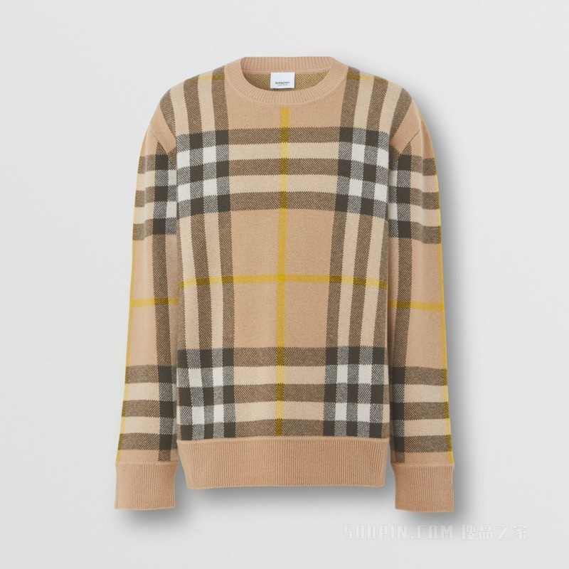 格纹羊绒提花针织衫 (松露色) - 男士