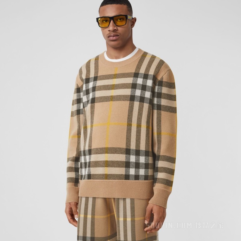 格纹羊绒提花针织衫 (松露色) - 男士