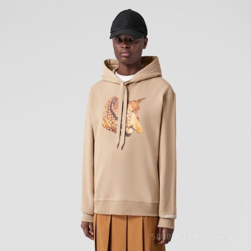 小鹿印花宽松棉质连帽衫 (柔黄褐色) - 女士