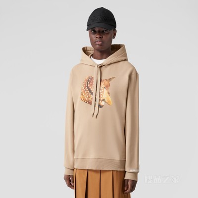 小鹿印花宽松棉质连帽衫 (柔黄褐色) - 女士