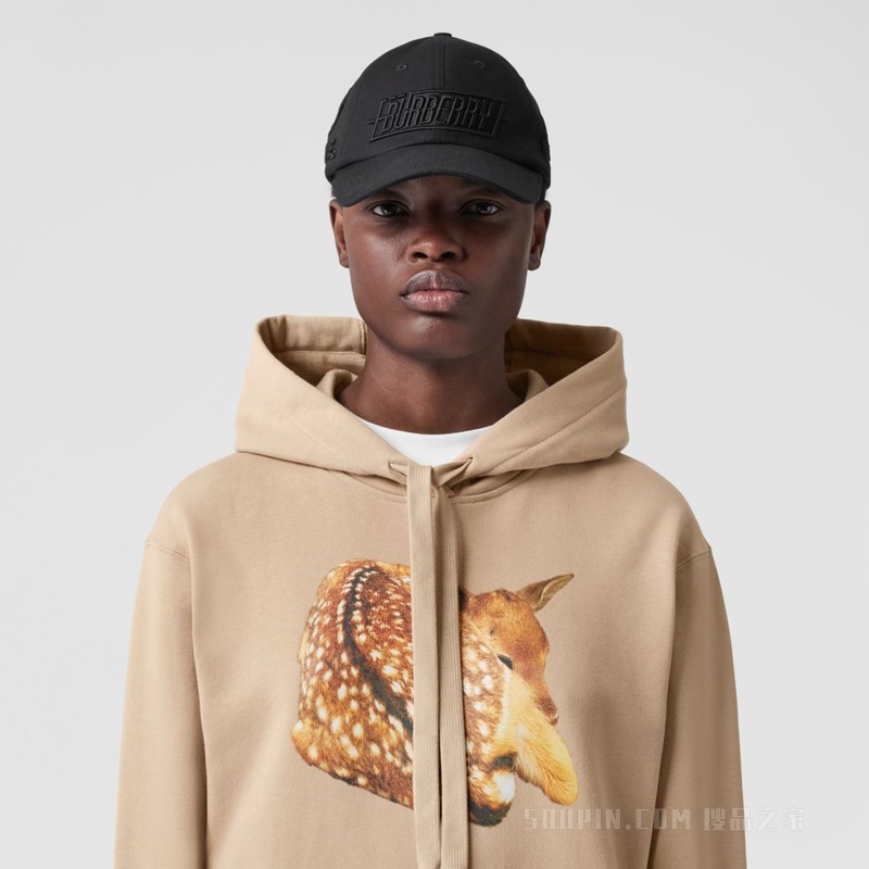 小鹿印花宽松棉质连帽衫 (柔黄褐色) - 女士