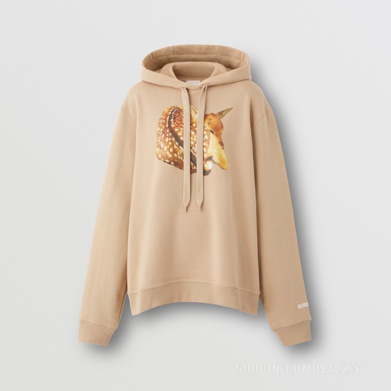 小鹿印花宽松棉质连帽衫 (柔黄褐色) - 女士