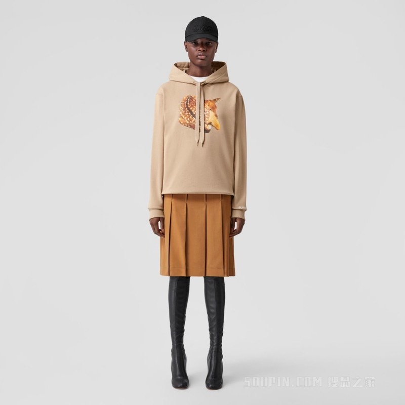 小鹿印花宽松棉质连帽衫 (柔黄褐色) - 女士