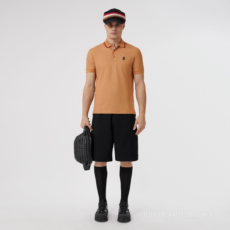 专属标识图案珠地网眼布棉质 Polo 衫 (驼色) - 男士