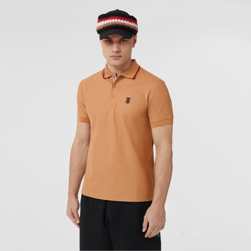 专属标识图案珠地网眼布棉质 Polo 衫 (驼色) - 男士