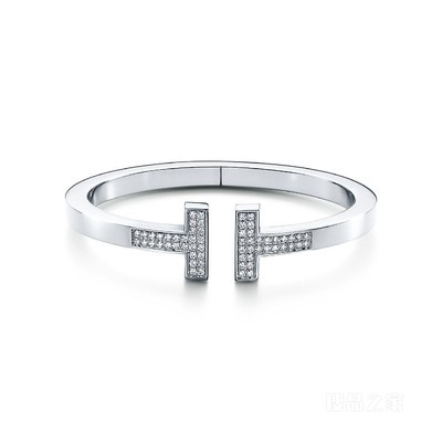 Tiffany T 系列 18K 白金铺镶钻石方形手镯，小号。