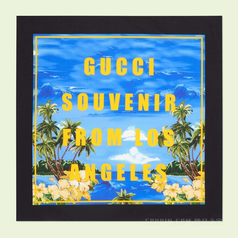 “Gucci souvenir from Los Angeles”海洋印花棉布围巾 蓝色和黄色