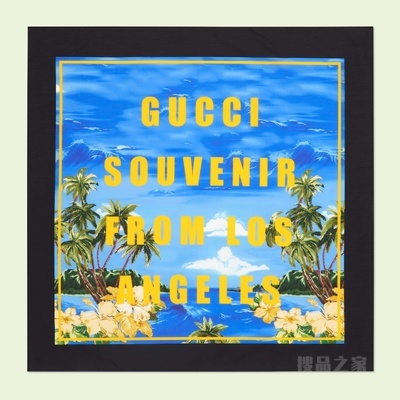 “Gucci souvenir from Los Angeles”海洋印花棉布围巾 蓝色和黄色
