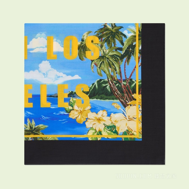 “Gucci souvenir from Los Angeles”海洋印花棉布围巾 蓝色和黄色