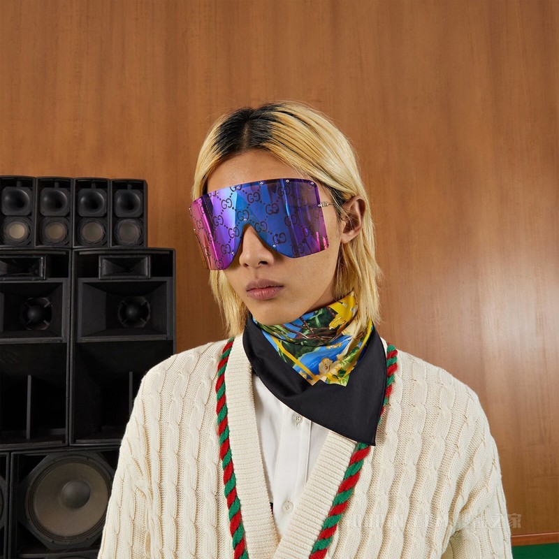 “Gucci souvenir from Los Angeles”海洋印花棉布围巾 蓝色和黄色