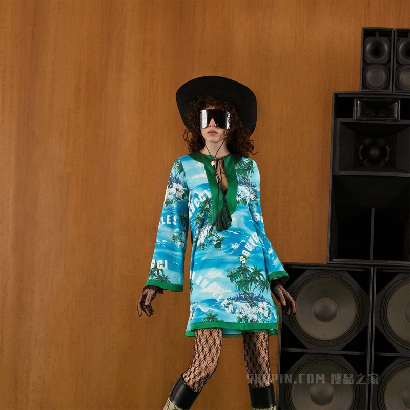 印花棉质连衣裙 蓝色