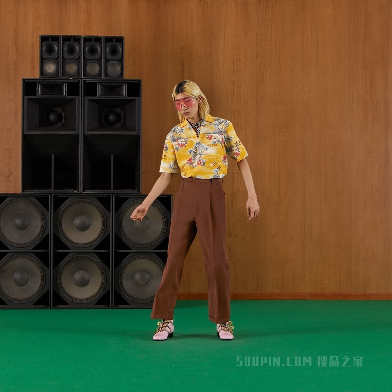 饰Gucci标签羊毛长裤 棕色